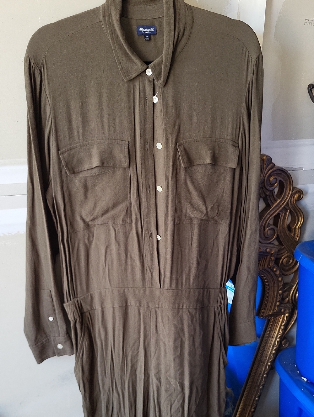 Madewell Olive Green Button-Front Utility StYLE Jumpsuit w Elastic Waist